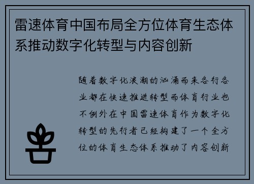 雷速体育中国布局全方位体育生态体系推动数字化转型与内容创新