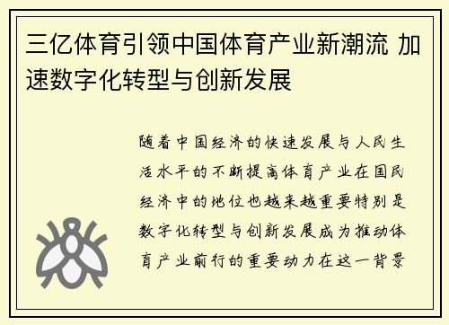 三亿体育引领中国体育产业新潮流 加速数字化转型与创新发展